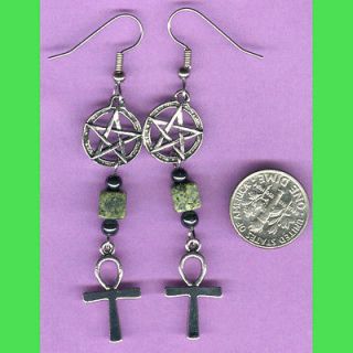PENTACLE, ANKH, GREEN JADE & HEMATITE Beaded Earrings Wicca/Pagan