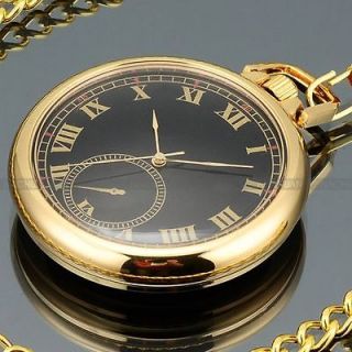 Classic Gold Case Black Dial Pendant Pocket w/ Chain Quartz Watch Fob