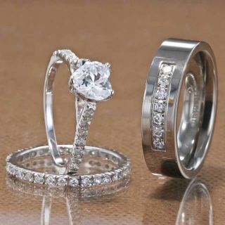His Hers Engagement Wedding Band Ring Set Sterling Silver Mens Womens