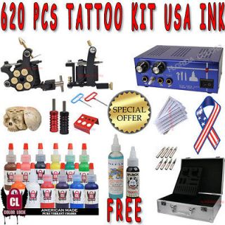 Tattoo Kit Starter 2 Machine Bullet Gun Power Supply 12 USA Ink Skull