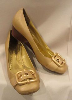 BCBG GIRLS~Gold Leather Buckle Closed Toe Wedge Low Heel Slip On Shoes