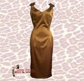 LUCKY 13 Gorgeous stretch satin Gold dress copper M rockabilly Wiggle