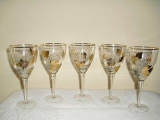 Set of 5 Etched and Gold Leaf Wine Goblets