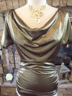 Gold Lame Metallic Chain Back Ruched Side Stretch Blouse Top Medium