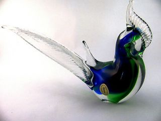 Murano Vintage Art Glass Pheasant Bird BlueGreen 11 1/2 L x 6 3/4 T