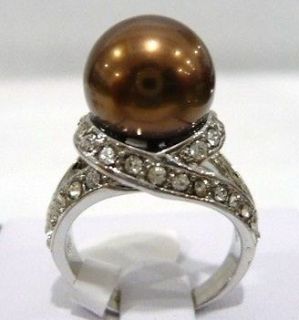 Chocolate Brown Shell Pearl 18KWGP Cystal Ring size7.8.9