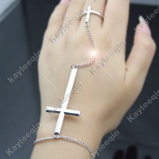 Chic Polish Silver Double Cross Bracelet Chain Link Hand Harness Ring