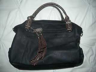 Large Black & Brown Trim GAL Faux Leather Handbag Purse Silver