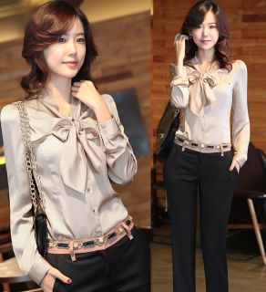 Women Beige Korea Bow tie Collar Long Sleeve Career Blouse Shirt XS S
