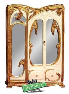 Intricate White and Gold Color Mirrored Art Nouveau Jewelry Armoire