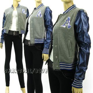 Womens TWO TONED Faux Leather Sleeves Baseball Jacket Letterman