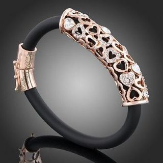 18k rose gold plated clear crystal heart magnet rubber bracelet bangle