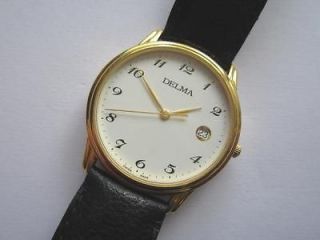 Delma gold plated case white dial N.O.S. swiss gents watch date at 3