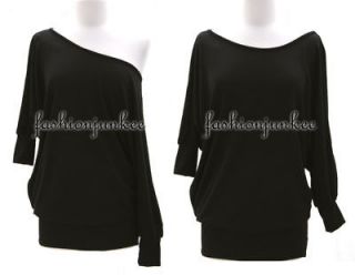 BLACK Knit Off the Shoulder Top Sweater Tunic Banded Shirt Ribbed Sexy