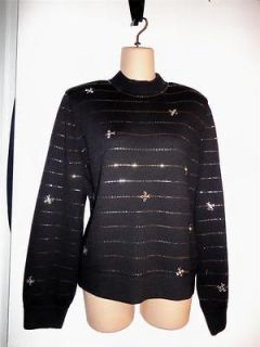 ST JOHN EVENING Size L Black Santana Knit Sweater With Crystals