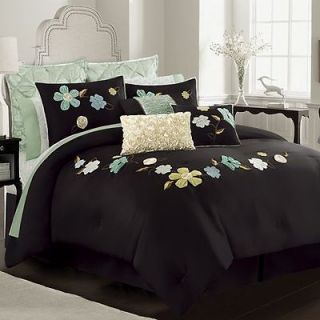 Daisy Fuentes ENCHANTED NIGHT Black Floral Applique 6P King Comforter