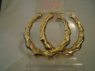 LARGE HOOP EARRINGS BAMBOO DESIGN GOLD AND SILVER TONE 3 INCH PINCATCH
