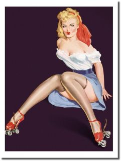 Vintage 50s Pinup Girl Poster Blonde In Peasant Dress On Roller Skates