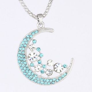 Teal Blue Rhinestone Crystal Crescent Moon Pendant Necklace P860
