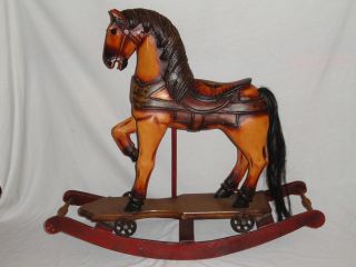  Carved Wood Rocking Horse Carousel Style Iron Wheels Handpainted