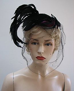 Vintage 30s Hat Magenta Black Feathers Veil 1243