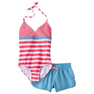 Xhilaration Girls Stripe 1 Piece Swimsuit and Short Set   Orange S