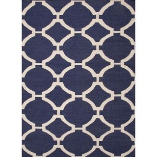 Flat Weave Geometric Patterned Blue Wool Runner (26 X 8)