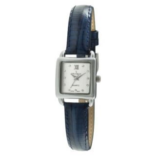 Womens Peugeot Mini Square Crystal Marker Leather Strap Watch   Silver/Blue