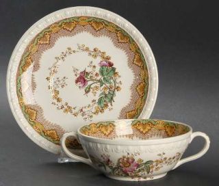 Spode Chatsworth Brown Multicolor Flat Cream Soup Bowl & Saucer Set, Fine China