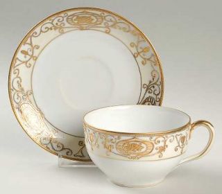Noritake 175 Flat Cup & Saucer Set, Fine China Dinnerware   Gold Flowers & Scrol