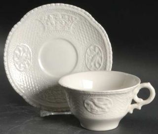 Royal Cauldon Aviary Flat Cup & Saucer Set, Fine China Dinnerware   White Emboss