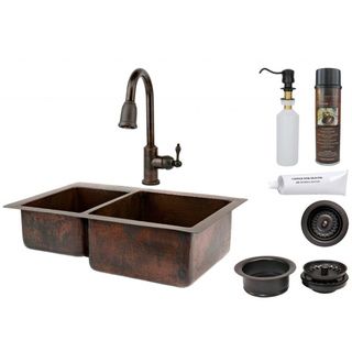 Premier Copper Products 40/60 Double Basin Sink With Pull Down Faucet Package (3.5 inchesHand MadeFaucet detailsRetractable HoseSpout Extends Up To 8.44 inchesSpout Height 9.25 inchesSpout Reach 8.44 inchesSpout Swivel 360 Degrees Spray Options Strea