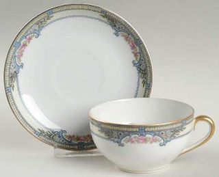 Noritake Zenda Flat Cup & Saucer Set, Fine China Dinnerware   Blue Scrolls, Pink
