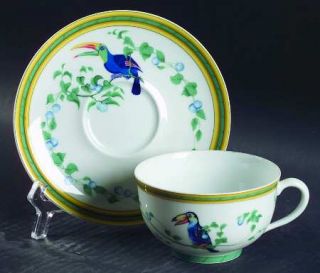 Hermes Toucans (Birds) Flat Cup & Saucer Set, Fine China Dinnerware   Multicolor