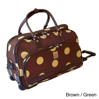 Jenni Chan Dots 20 inch Carry on Wheeled Upright Duffel Bag (Brown/pink, brown/greenWeight: 5.65 poundsMulti organizerInsulated full zipper back pocketPockets: Two (2)Carrying strap: NoHandle: YesWheeled: Yes Wheel type: InlineClosure: Zipper topLocks: No