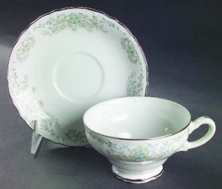 Norleans Theresa Footed Cup & Saucer Set, Fine China Dinnerware   Pink & Blue Fl