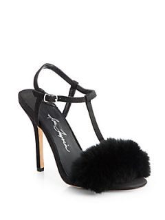 Isa Tapia Cha Cha Fur Trimmed Satin Sandals   Black