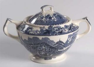Thomas Hughes Avon Cottage Sugar Bowl & Lid, Fine China Dinnerware   Blue Scenes