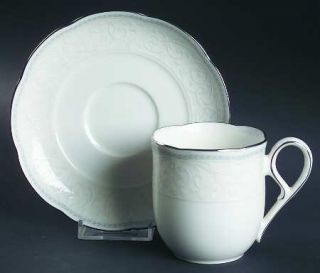 Noritake Hermitage Flat Cup & Saucer Set, Fine China Dinnerware   Blue & Tan Tri