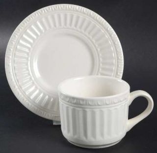 Sango Monarch Flat Cup & Saucer Set, Fine China Dinnerware   All White,Embossed