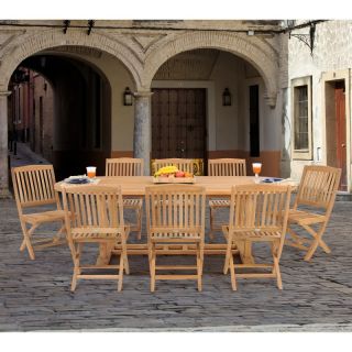Caluco Teak Oval Patio Dining Set with Folding Chairs   Seats 8 Multicolor   50 