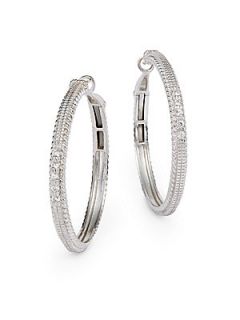 White Sapphire & Sterling Silver Hoop Earrings/1.5 Inches   Silver
