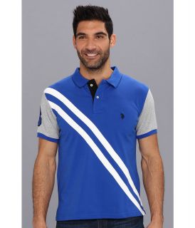 U.S. Polo Assn Small Pony Diagonal Stripe Polo w/ Solid Sleeve Mens Short Sleeve Pullover (Blue)