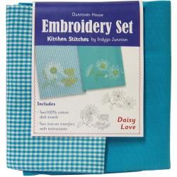 Daisy Love Kitchen Stitches Embroidery Set  Solid Turquoise and Turquoise/white Check