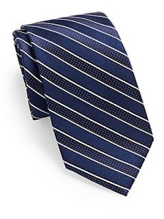 Pickstitched Striped Silk Tie   Blue
