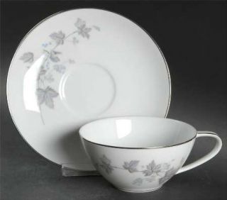 Noritake Ivyne Flat Cup & Saucer Set, Fine China Dinnerware   Purple & Gray Leav