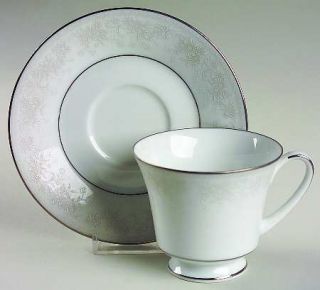 Noritake Misty Footed Cup & Saucer Set, Fine China Dinnerware   White/Gray Flora