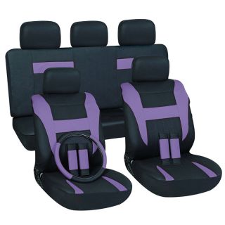 Purple 16 piece Car Seat Cover Set (PurpleSet includes:Five (5) head rest pieces Four (4) seat belt pads Two (2) Bench seat covers Two (2) Bucket chair coversOne (1) 15 inch steering wheel coverBucket seat dimensions: 28 inches long x 17 inches deep x 6 i