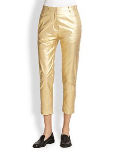 Acne Studios Metallic Coated Linen Cropped Pants   Gold
