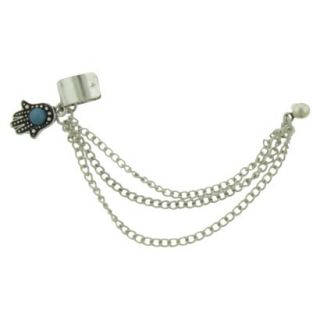 Womens Chain and Hamsa Charm Ear Cuff with Ball Stud Earrings   Silver/Blue